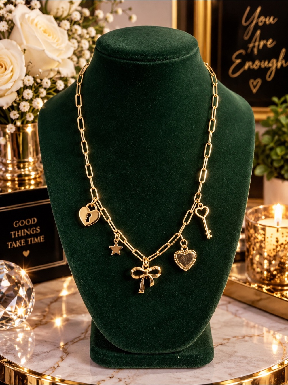 Gold Charm Link Necklace with Heart & Key Charms